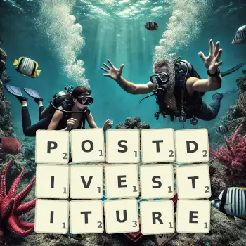 Creative illustration for a Scrabble game with the word POSTDIVESTITURE spelled out in tiles on the board.