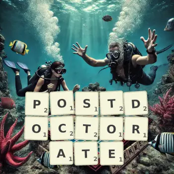 Creative illustration for a Scrabble game with the word POSTDOCTORATE spelled out in tiles on the board.