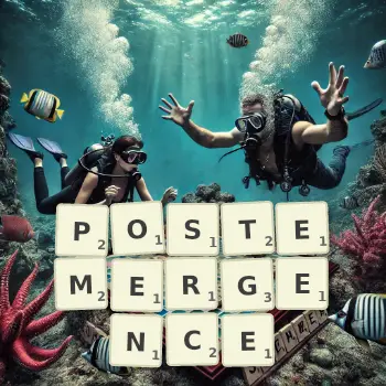 Creative illustration for a Scrabble game with the word POSTEMERGENCE spelled out in tiles on the board.