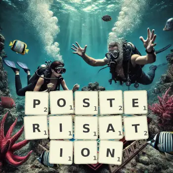 Creative illustration for a Scrabble game with the word POSTERISATION spelled out in tiles on the board.