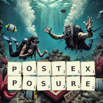 Creative illustration for a Scrabble game with the word POSTEXPOSURE spelled out in tiles on the board.