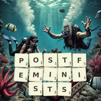 Creative illustration for a Scrabble game with the word POSTFEMINISTS spelled out in tiles on the board.