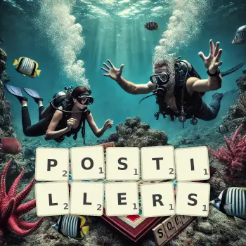 Creative illustration for a Scrabble game with the word POSTILLERS spelled out in tiles on the board.