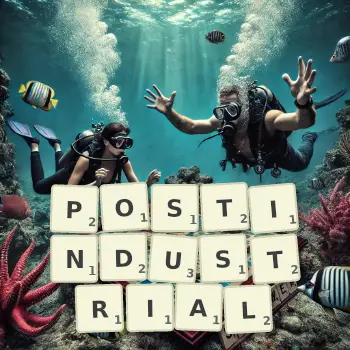 Creative illustration for a Scrabble game with the word POSTINDUSTRIAL spelled out in tiles on the board.