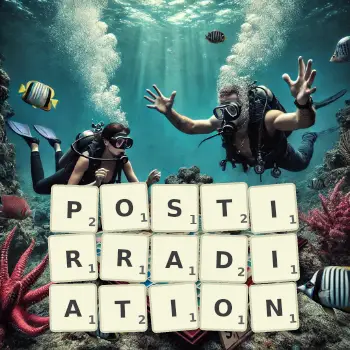 Creative illustration for a Scrabble game with the word POSTIRRADIATION spelled out in tiles on the board.
