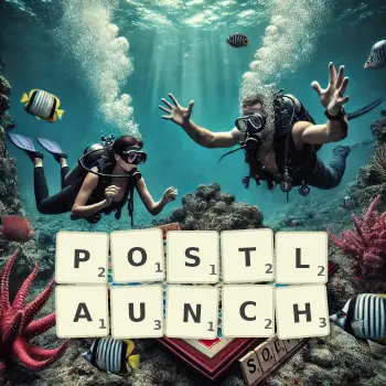 Creative illustration for a Scrabble game with the word POSTLAUNCH spelled out in tiles on the board.