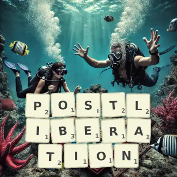 Creative illustration for a Scrabble game with the word POSTLIBERATION spelled out in tiles on the board.
