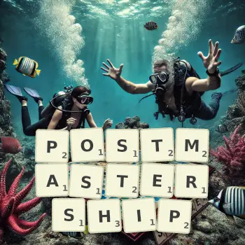 Creative illustration for a Scrabble game with the word POSTMASTERSHIP spelled out in tiles on the board.
