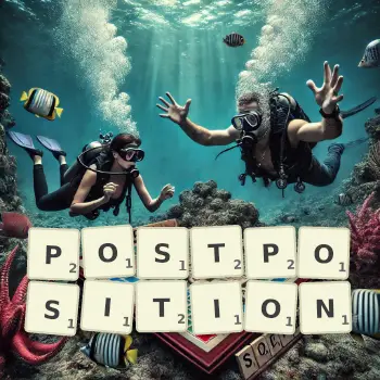 Creative illustration for a Scrabble game with the word POSTPOSITION spelled out in tiles on the board.