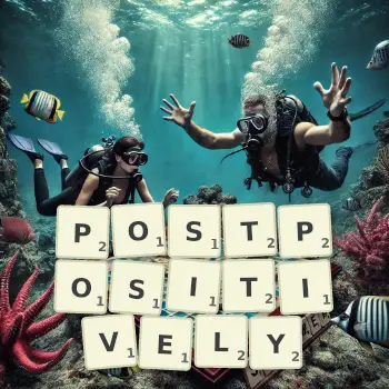 Creative illustration for a Scrabble game with the word POSTPOSITIVELY spelled out in tiles on the board.