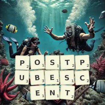 Creative illustration for a Scrabble game with the word POSTPUBESCENT spelled out in tiles on the board.