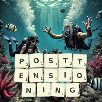 Creative illustration for a Scrabble game with the word POSTTENSIONING spelled out in tiles on the board.