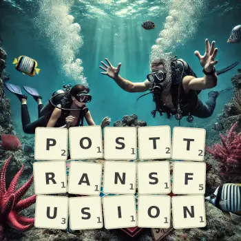 Creative illustration for a Scrabble game with the word POSTTRANSFUSION spelled out in tiles on the board.
