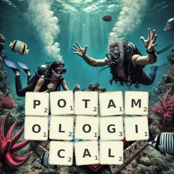 Creative illustration for a Scrabble game with the word POTAMOLOGICAL spelled out in tiles on the board.