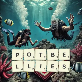 Creative illustration for a Scrabble game with the word POTBELLIES spelled out in tiles on the board.