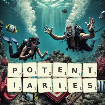 Creative illustration for a Scrabble game with the word POTENTIARIES spelled out in tiles on the board.