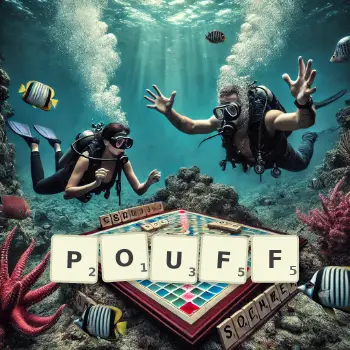 Creative illustration for a Scrabble game with the word POUFF spelled out in tiles on the board.
