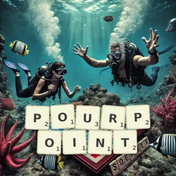 Creative illustration for a Scrabble game with the word POURPOINT spelled out in tiles on the board.