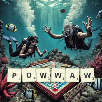 Creative illustration for a Scrabble game with the word POWWAW spelled out in tiles on the board.