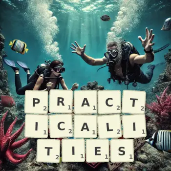 Creative illustration for a Scrabble game with the word PRACTICALITIES spelled out in tiles on the board.