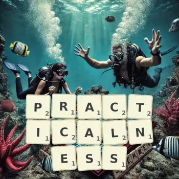 Creative illustration for a Scrabble game with the word PRACTICALNESS spelled out in tiles on the board.
