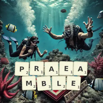 Creative illustration for a Scrabble game with the word PRAEAMBLE spelled out in tiles on the board.