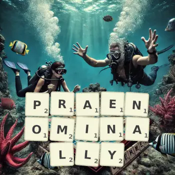 Creative illustration for a Scrabble game with the word PRAENOMINALLY spelled out in tiles on the board.