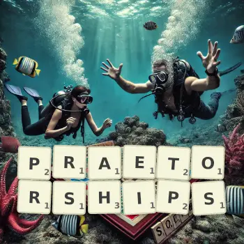 Creative illustration for a Scrabble game with the word PRAETORSHIPS spelled out in tiles on the board.