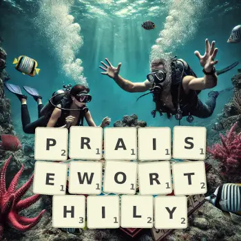 Creative illustration for a Scrabble game with the word PRAISEWORTHILY spelled out in tiles on the board.