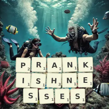 Creative illustration for a Scrabble game with the word PRANKISHNESSES spelled out in tiles on the board.