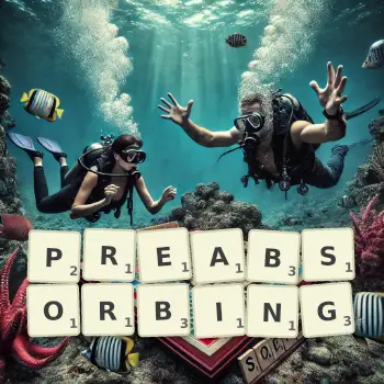 Creative illustration for a Scrabble game with the word PREABSORBING spelled out in tiles on the board.