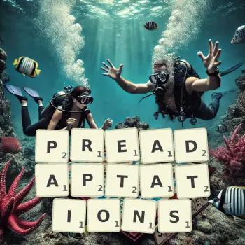 Creative illustration for a Scrabble game with the word PREADAPTATIONS spelled out in tiles on the board.
