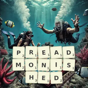 Creative illustration for a Scrabble game with the word PREADMONISHED spelled out in tiles on the board.