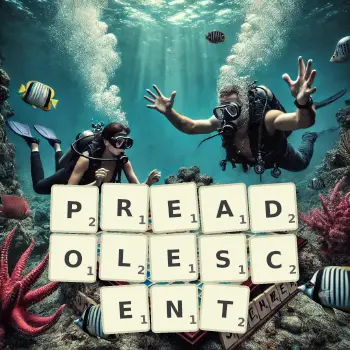 Creative illustration for a Scrabble game with the word PREADOLESCENT spelled out in tiles on the board.