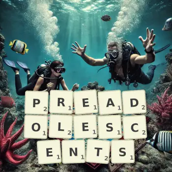 Creative illustration for a Scrabble game with the word PREADOLESCENTS spelled out in tiles on the board.