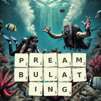 Creative illustration for a Scrabble game with the word PREAMBULATING spelled out in tiles on the board.