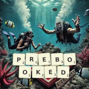 Creative illustration for a Scrabble game with the word PREBOOKED spelled out in tiles on the board.