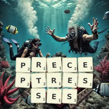 Creative illustration for a Scrabble game with the word PRECEPTRESSES spelled out in tiles on the board.