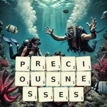 Creative illustration for a Scrabble game with the word PRECIOUSNESSES spelled out in tiles on the board.