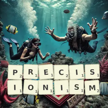 Creative illustration for a Scrabble game with the word PRECISIONISM spelled out in tiles on the board.