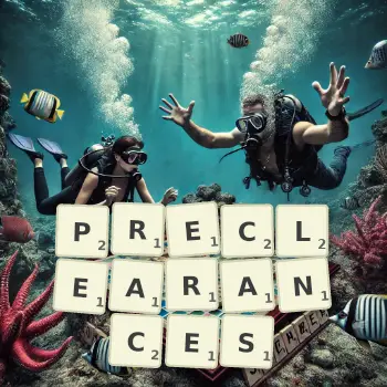 Creative illustration for a Scrabble game with the word PRECLEARANCES spelled out in tiles on the board.