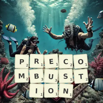 Creative illustration for a Scrabble game with the word PRECOMBUSTION spelled out in tiles on the board.