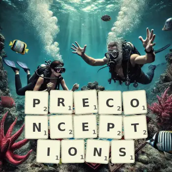 Creative illustration for a Scrabble game with the word PRECONCEPTIONS spelled out in tiles on the board.