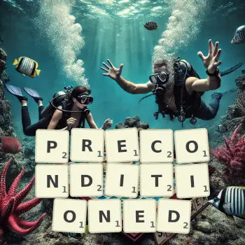 Creative illustration for a Scrabble game with the word PRECONDITIONED spelled out in tiles on the board.