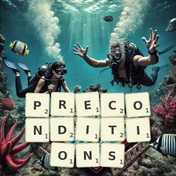 Creative illustration for a Scrabble game with the word PRECONDITIONS spelled out in tiles on the board.