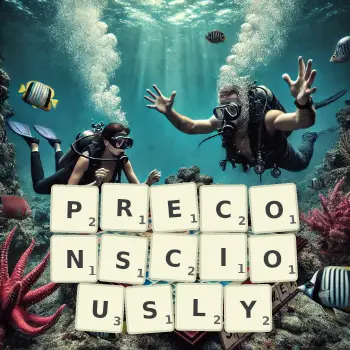 Creative illustration for a Scrabble game with the word PRECONSCIOUSLY spelled out in tiles on the board.