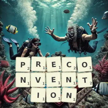 Creative illustration for a Scrabble game with the word PRECONVENTION spelled out in tiles on the board.