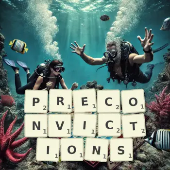 Creative illustration for a Scrabble game with the word PRECONVICTIONS spelled out in tiles on the board.