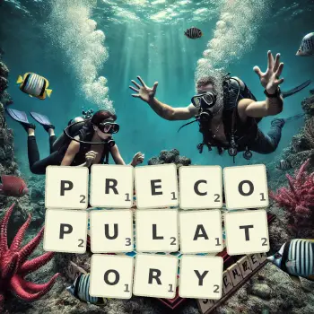 Creative illustration for a Scrabble game with the word PRECOPULATORY spelled out in tiles on the board.