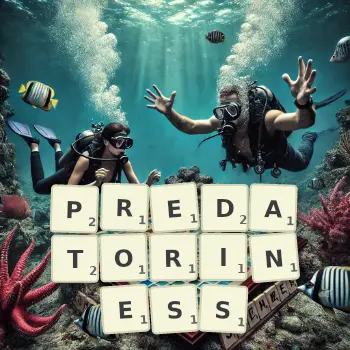 Creative illustration for a Scrabble game with the word PREDATORINESS spelled out in tiles on the board.